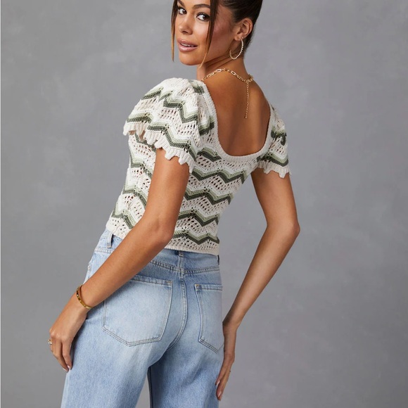Blu Pepper Cream and Olive Chevron Crochet Crop Top - Picture 9 of 9